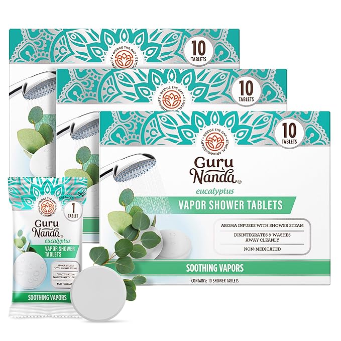 GuruNanda Eucalyptus Vapor Shower Tablets, Clean-Dissolving Aromatherapy Shower Steamers with Eucalyptus & Menthol, Promotes Relaxation, Ideal for Gifting, 30 Count