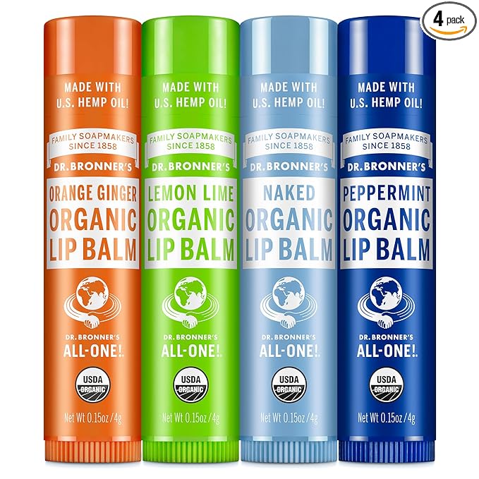 Dr. Bronner's - Organic Lip Balm Variety Peppermint, Orange Ginger, Naked, Lemon Lime) - Made with Organic Beeswax and Avocado Oil, For Dry Lips, Hands, Chin or Cheeks, 0.15 Ounce (Pack of 4)