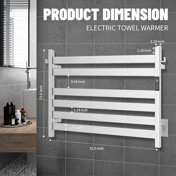 K&KALONZO Towel Warmer for Bathroom, Wall-Mounted 6-Bar Heated Towel Rack with Built-in Timer, Waterproof Electric Towel Heater, Support Plug-in and Hardwired, Brushed, EL18MN