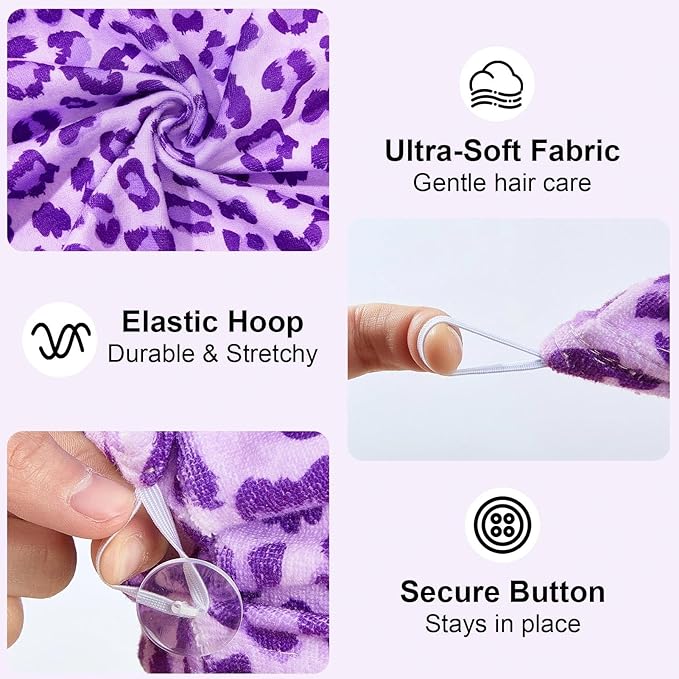 2 Pack Microfiber Hair Towel Wrap for Girls, Quick Dry Hair Turban for Kids, Absorbent Frizz-Free Hair Drying Towel with Button for Long Thick Curly Hair, Purple Pink Leopard