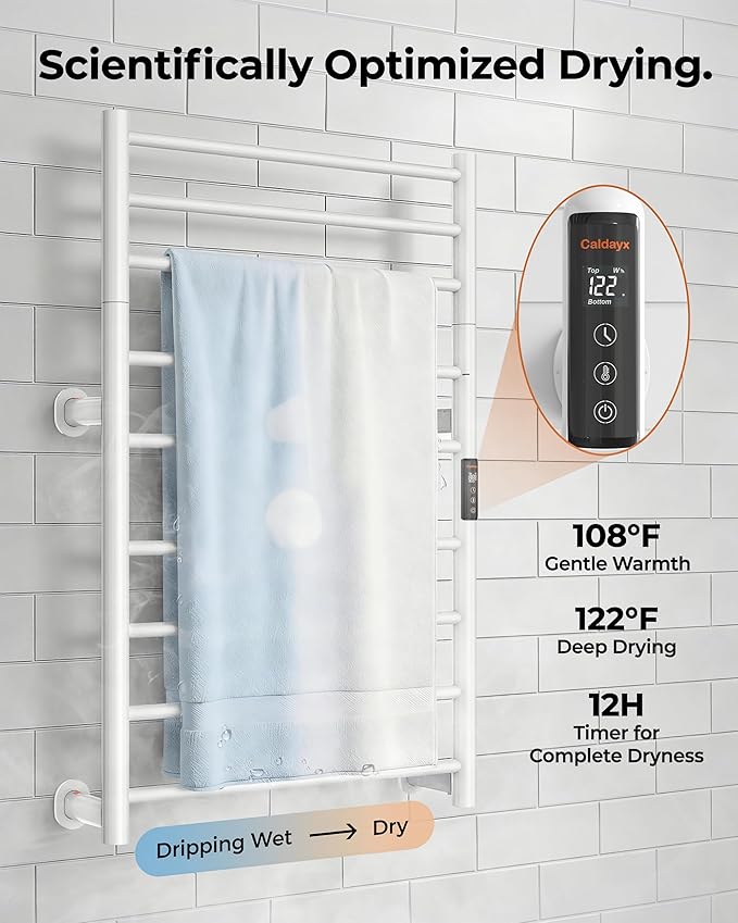 Foldable Heated Towel Rack, Dual-Zone Electric Towel Warmer Rack with Timer, GFCI Plug-in or Hardwired, Wall-Mounted, Drill-Free Installation, Matte White, CA3-900X550-Standard-MW