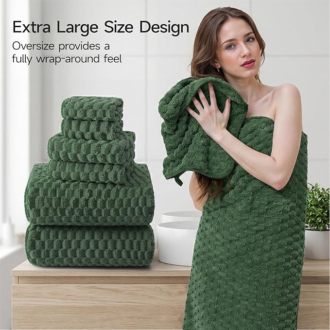 REDKISS Olive Green Microfiber Towels Set of 6-35x70 Inches Oversized Bath Sheets, Extra Large Bath Towels Set of 6, Super Soft Quick Dry Lint Free Absorbent Waffle Microfiber Shower Towels
