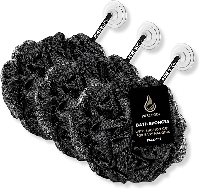 Large Black Bath Sponge, Gentle Exfoliation Mesh Sponges, Long Lasting Loofah with Suction Cup Attached, Easy Hang to Dry Pack of 3