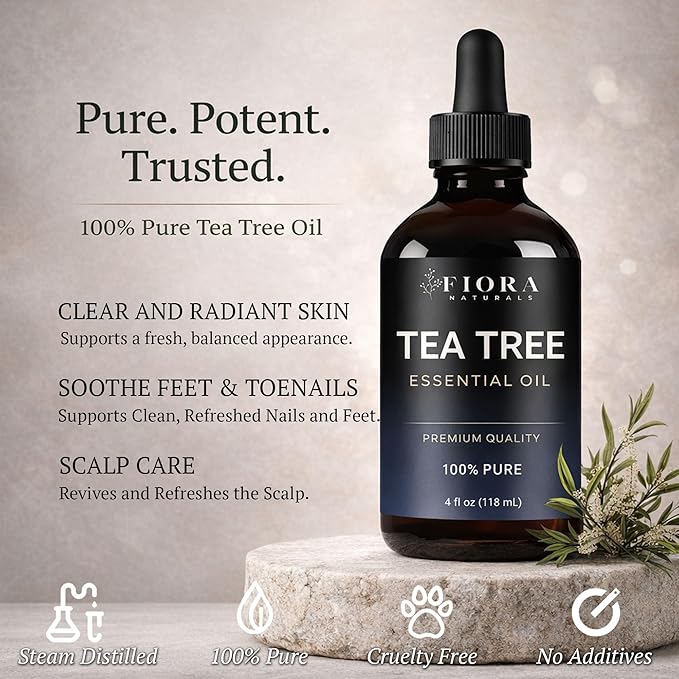 Fiora Naturals Tea Tree Oil 4 Fl Oz – 100% Pure Tea Tree Essential Oil for Skin, Face, Hair & Scalp Care, Nails & Toenails, Aromatherapy & Diffuser Use - Melaleuca Alternifolia