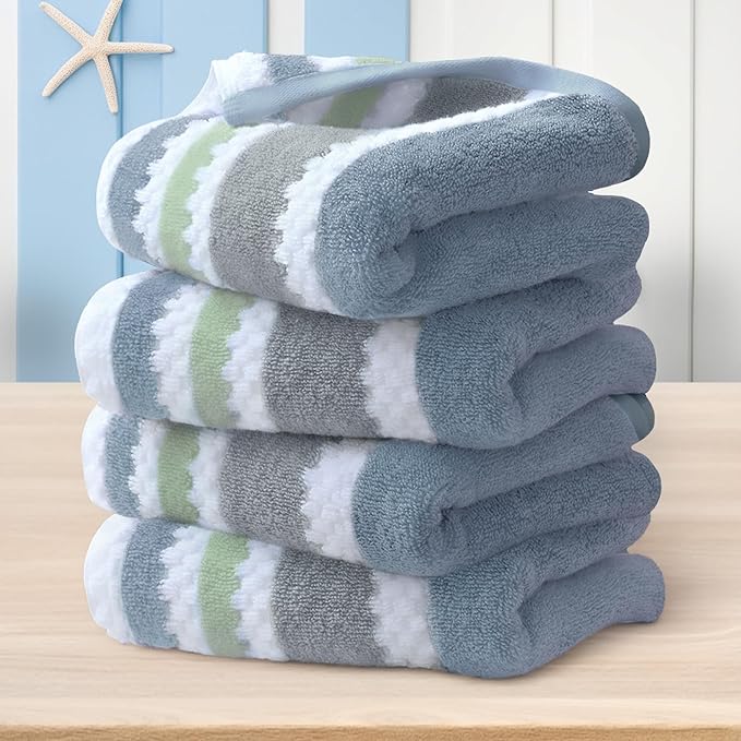 Waffle Hand Towels, 4PC 16"x27" - Cotton Polyester Blend | Quick Dry | Absorbent | Lightweight | Thick | Soft | 500GSM, Durable Striped Hand Towel for Bathroom, Navy Grey Green Stripe & White Checker