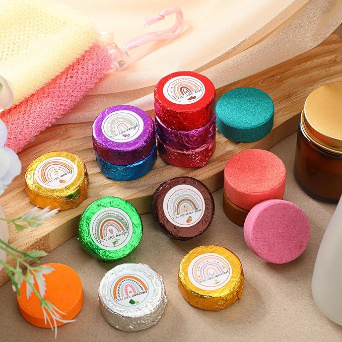 50 Pcs Valentine Spa Party Gifts Shower Aromatherapy Steamers Bulk with 10 Scents Team Appreciation Inspirational Gifts Bulk Boho Rainbow Individually Wrapped Shower Bombs for Women
