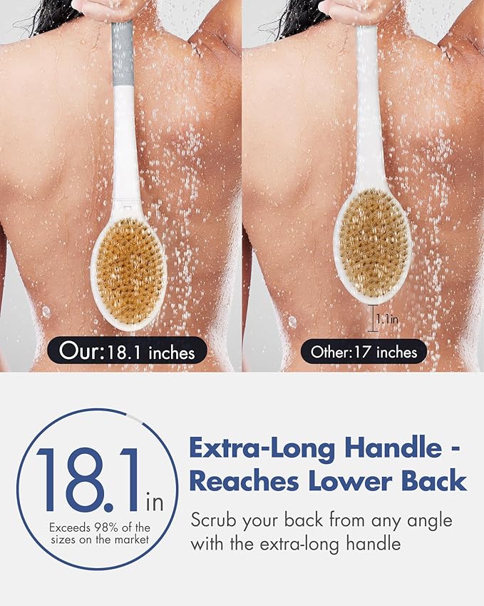 Back Scrubber Body Shower Brush: Anti Slip Long Handle Bath Brush with Stiff and Soft Bristles - Showering Exfoliator Wet or Dry Brushing for Women, Men, Elderly (Grey)