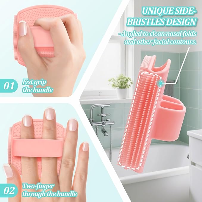 Silicone Back & Face Scrubber & Bath Glove Set 3PCS, 13.4'' Gentle Back Scrubber with Dual-Side Head, 360° Anti-Slip Bath Glove, Unique Side-bristled Face Scrubber for All-Round Cleaning(Pink)