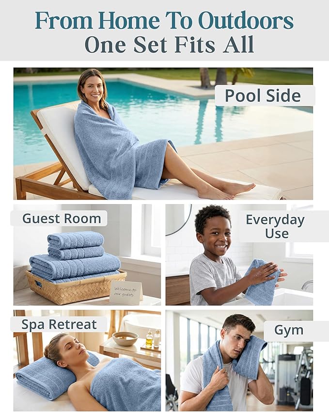Casa Platino Premium Cotton Bath Towel 12 Piece Set - Super Soft, Quick Dry & Absorbent - 4 Bath, 4 Washcloths, 4 Hand Towels for Bathroom - Hotel Quality & Suitable for Family - Cerulean Blue
