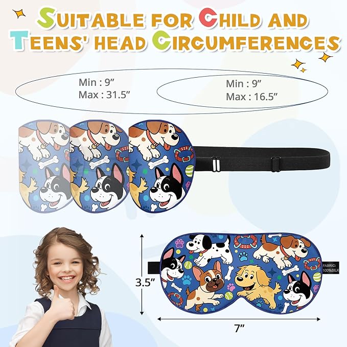 Silk Kids Sleep Mask: 100% Mulberry Silk Eye Mask, Sleeping Masks with Adjustable Strap, Soft & Light-Blocking Printed Kid Eye Cover for Boys Girls Teens Aged 5-15 (Puppy Theme)