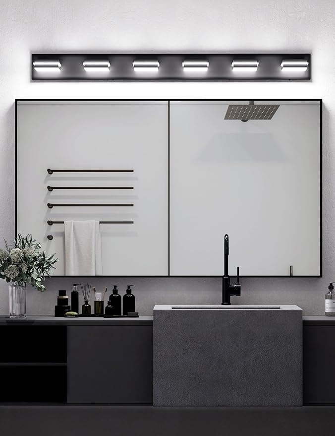 VOLISUN Modern Bathroom Vanity Light Fixtures (6-Light, 48-Inch), Matte Black LED Bathroom Lighting Fixtures Over Mirror, 360°Rotatable Head, LED Vanity Lights for Bathroom (Cool White 6000K)