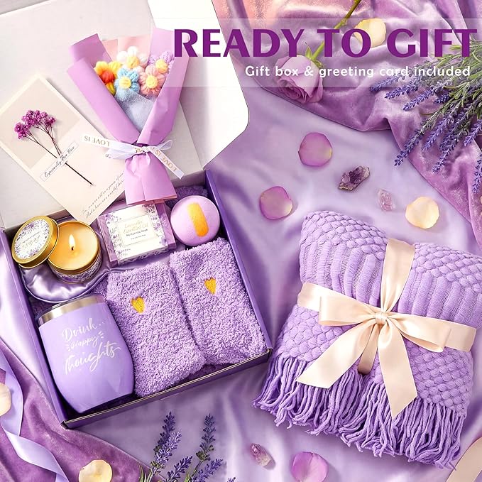 Birthday Gifts for Women,Mothers Day Gifts for Mom,Valentines Day Gift for Her,Self Care Spa Gift Basket with Blanket Candle Bath Bomb,Relaxing Spa Set,Get Well Package,for Mom Wife Sister Best Friend