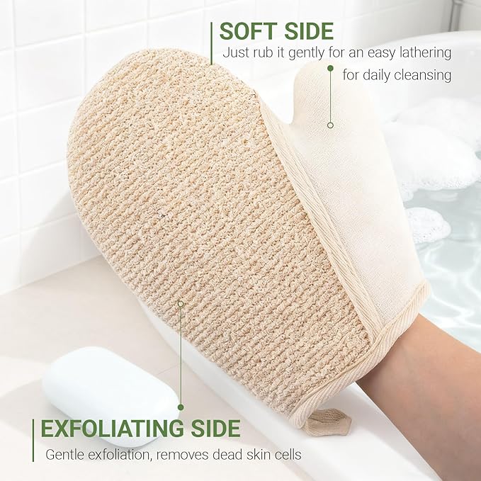 Exfoliating Glove Bath Mitts for Shower, Hemp Body Gloves for Shower Exfoliating, Body Exfoliator Glove Gentle on Skin, Deep Cleansing, 2 Pack of Shower Gloves Exfoliating for Women (White Mitt)