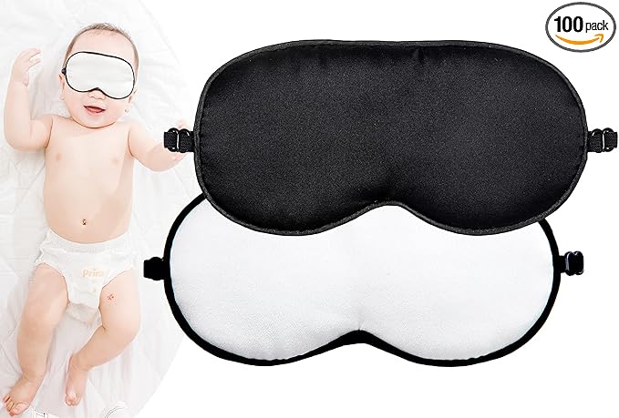 Mulberry Silk Sleep Mask with Adjustable Strap for Kids,Cute Sleeping Eye Mask for Newborns, 2 Packs Black&White
