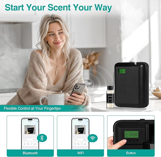 Scent Air Machine Starter Kit – Waterless Diffuser for Home & Commercial Use, Hotel Scent Diffuser Includes 100ml Essential Oil, WiFi/Bluetooth Control, 2000 sq.ft Coverage, Wall-Mount & Desktop,Black
