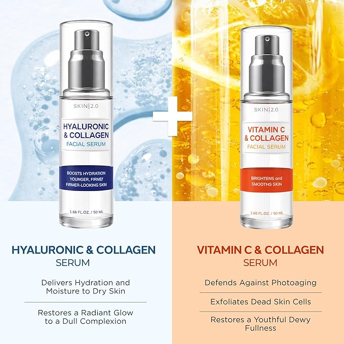 Skin 2.0 Hyaluronic & Collagen + Vitamin C Face Serum – Dermatologist Tested, Anti Aging, Korean Skin Care – Deep Hydration, Smooths Fine Lines – Vegan, Clean Beauty - Pack of 2