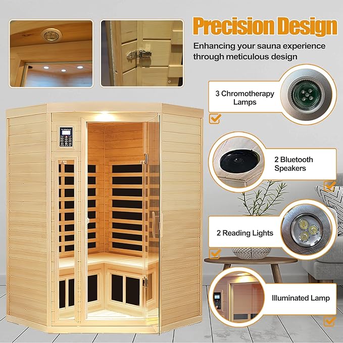 Far Infrared Wooden Sauna Room, 2-3 Person Home Sauna Canadian Hemlock Indoor Corner Sauna Spa, 2 Bluetooth Speakers, 2 LED Reading Lamp, 3 Chromotherapy Lights