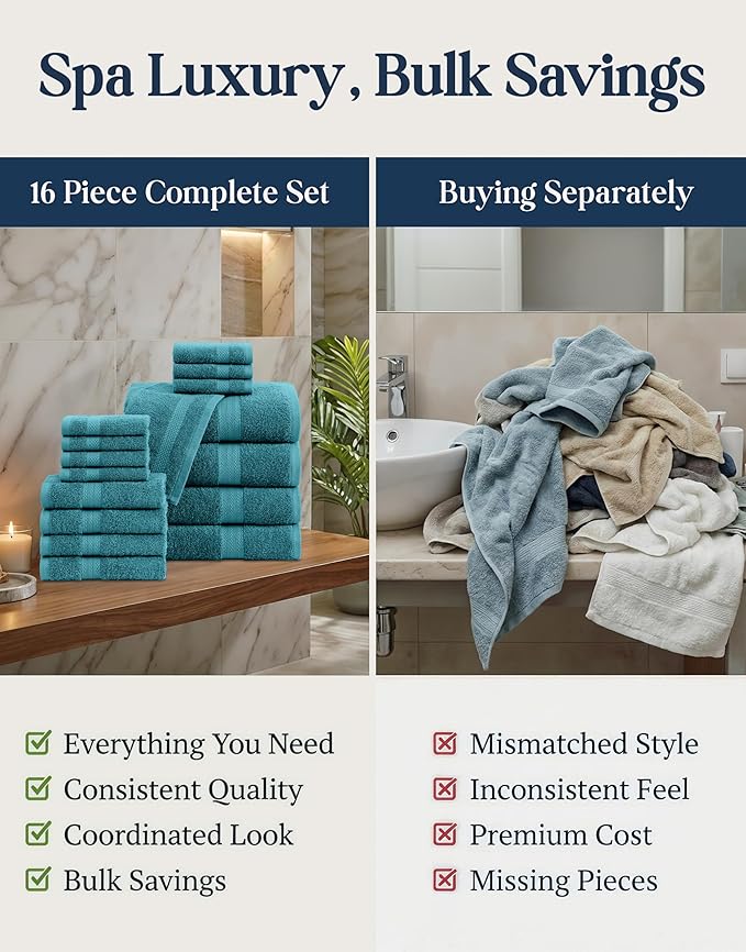 LANE LINEN Luxury Cotton Bath Towel Set of 16 - Soft, Absorbent & Quick Dry - 4 Bath, 8 Washcloths, 4 Hand Towels for Bathroom - OEKO TEX Certified - Smart & Durable Choice for Every Home - Sea Port