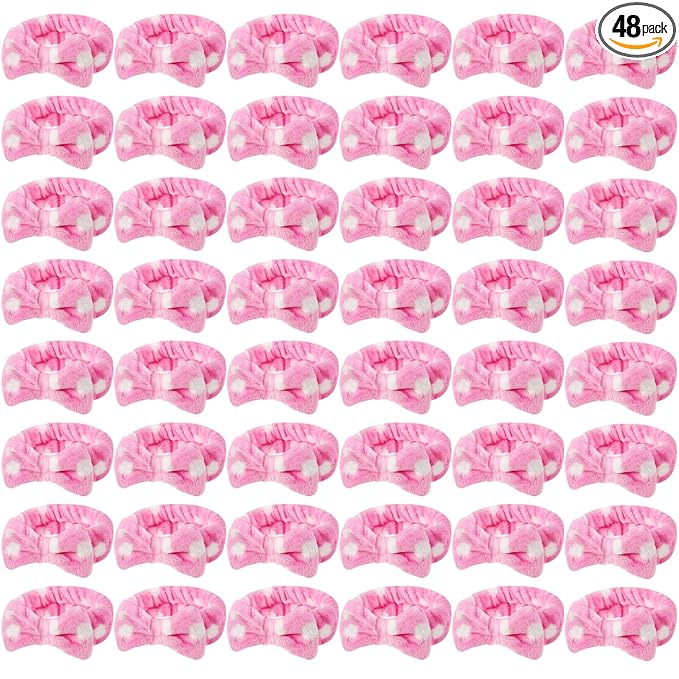 Tigeen 48 Pieces Spa Headband Bulk, Headband for Washing Face, Coral Fleece Bow Skincare Hair Band, Valentines gift for Women Shower Cosmetic Facial Makeup Mask(Pink,1 Style)