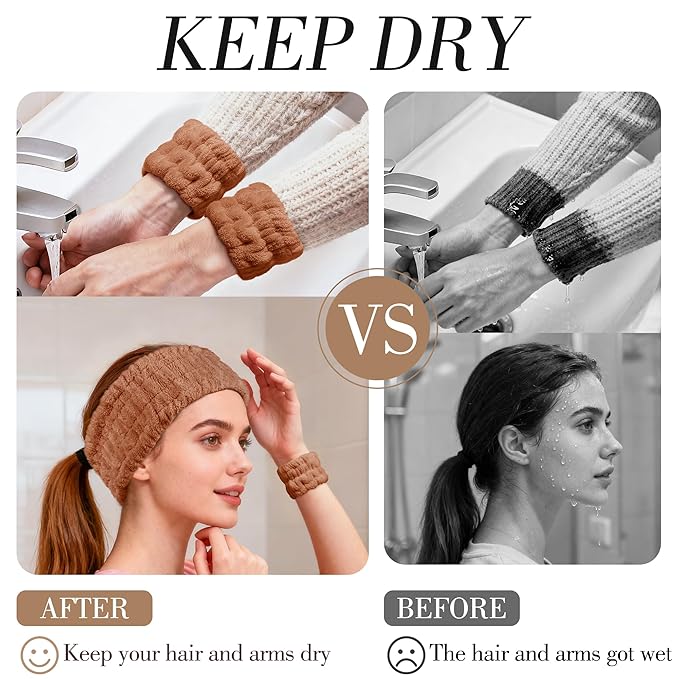 DiyJibb 9 Pcs Spa Headband for Washing Face,Skincare Headband and Wristband Set,Women Teen Girls Facial Hairbands for Washing Face, Makeup, Sports, Yoga (orange red + khaki + dark khaki)