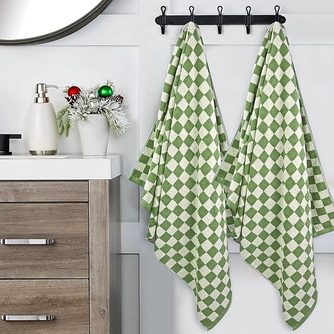 Jacquotha Bath Towels Set of 2 - Luxury Cotton Bathroom Shower Towels Body 55” x 27.5” Absorbent, Quick Dry, 520GSM, Green Checkered Bathroom Decor