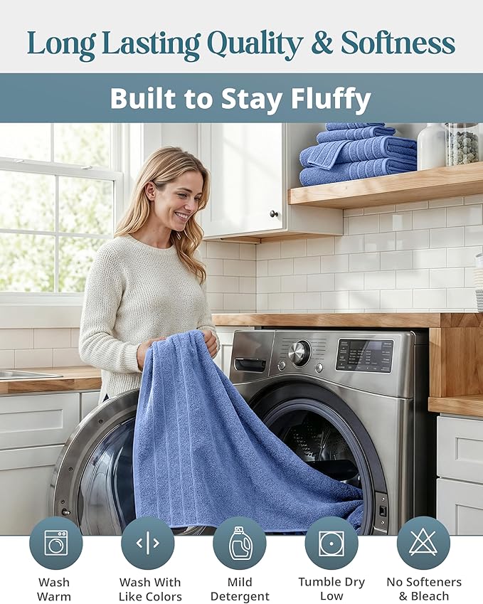 Casa Platino Cotton Bath Towel 18 Piece Set - Super Soft, Quick Dry & Absorbent - 6 Bath, 6 Washcloths, 6 Hand Towels for Bathroom - Hotel Quality & Suitable for Family - Cerulean Blue