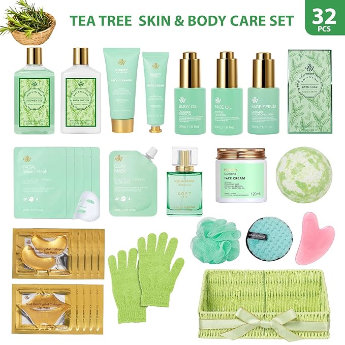 Mothers Day Gifts Basket for Mom, 32 Pcs Tea Tree Spa Gift Basket for Women & Men, Hydrating Face Skin Care Kit, Bath & Body Gift Basket Set, Self-Care Gift Set, Birthday, Anniversary