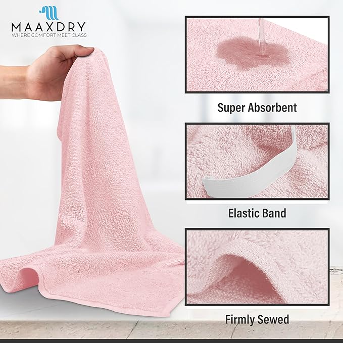 100% Cotton Large Hair Towel Wrap for Women, Men & Kids – Non-Microfiber 450 GSM Thick Super Absorbent Hair Towel 26x40 Inches, Secure Elastic Hair Wrap for Long & Curly Hair (Pink)