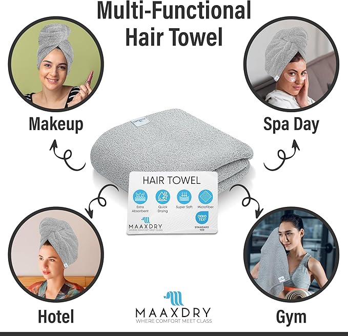 100% Cotton Large Hair Towel Wrap for Women, Men & Kids – Non-Microfiber 450 GSM Thick Super Absorbent Hair Towel 26x40 Inches, Secure Elastic Hair Wrap for Long & Curly Hair (Grey)