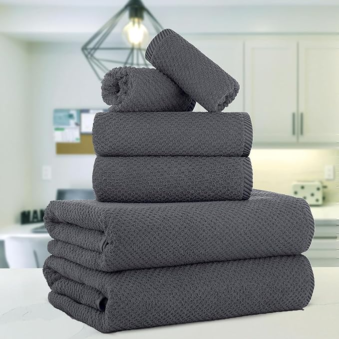 CASA COPENHAGEN Popcorn 6Pcs 100% Egyptian Cotton Large Designer Towels Gift Set- Pinstripe Grey, 600GSM, 2Bath 2Hand 2Washcloths, Bath Towels for Bathroom Set for Women & Men