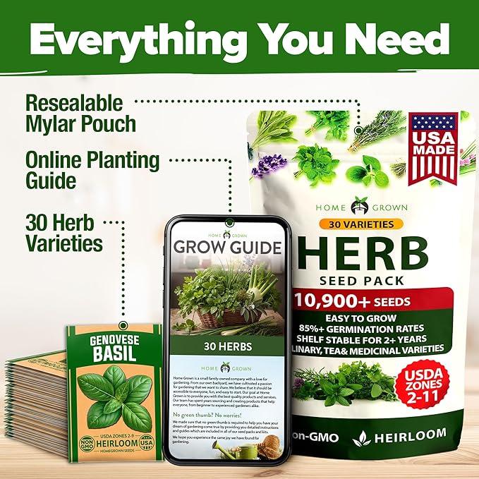 HOME GROWN 30 Herb Seeds for Planting 10,900+ Non-GMO Heirloom Seeds | Extra Large Variety Pack Herb Kit – Indoor Outdoor & Hydroponic | Culinary Seed Set | Grow Your Own Herbs | Gardening Gift