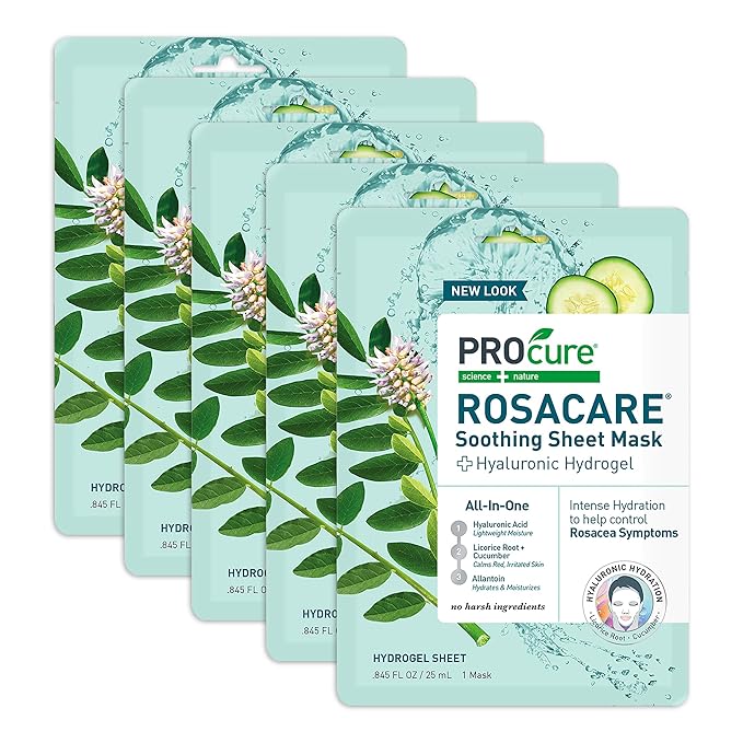 PROcure Rosacare Redness Relief Sheet Face Mask – 5 Pack – Hyaluronic Acid, Licorice Root & Cucumber for Sensitive Skin Hydration & Calming