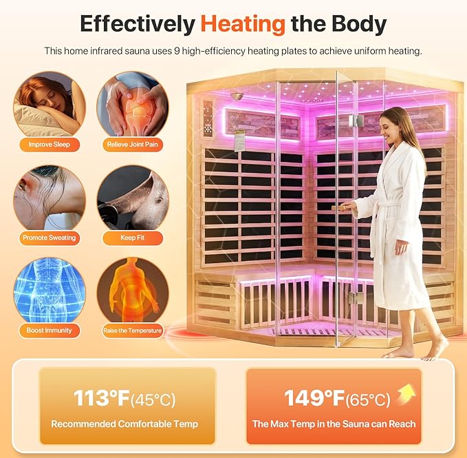 OUTEXER Sauna Corner Saunas for 4-5 Person 240V Home Indoor Canadian Hemlock Far Infrared Saunas 2595W Low-EMF Dry Saunas with 7 Color Starry Sky Ceiling Light Therapy 59 * 59 * 74.8inch