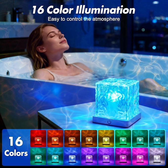 2 Pack Rechargeable Shower Light for Inside Shower, 16 Color Changeable Waterproof Shower Lamp with Remote, Dimmable Ocean Wave Projector Light, LED Water Ripple Night Light for Bathroom, Living Room