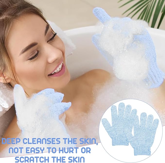 4 Pairs Bath Gloves, Exfoliating Body Scrub Mitts for Shower, Spa, Massage & Women's Bath Accessories (Blue, S)