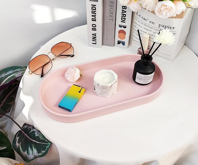 Pink Small Tray (11.8 inch), 3 Pack Oval Tray for Kitchen Counter, Bathtub Bathroom Vanity Items, Countertop Organizer, Coffee Accessory, Bar, Serving Seasoning, Salt and Pepper, Soap.
