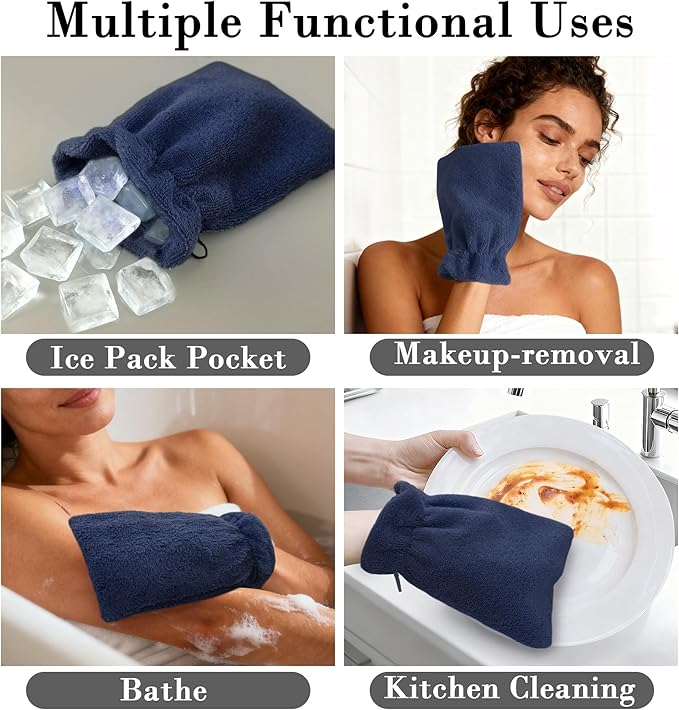 VOOVA & MOVAS 6-Pack Bath Mitts for Shower, 100% Cotton Soft Absorbent Wash Cloths with Hanging Loop, 8.3x6.3 Inch European Style Bathing Gloves for Body & Spa, Navy