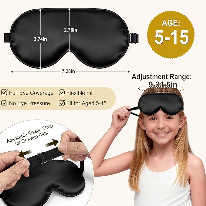 Kids Sleep Mask, Kids Eye Mask for Boys Girls, Kid Silk Eye Masks with Adjustable Strap for Sleeping, 100% Light-Blocking Sleep Eye Cover, Includes Protective Laundry Bag (Black)