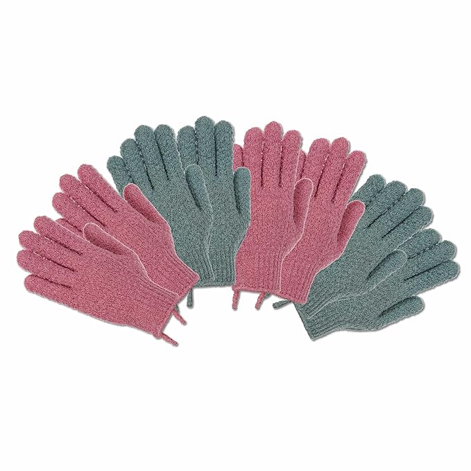 4 Pairs Exfoliating Gloves, 100% Nylon, Dual Texture Body Scrub for Spa, Massage & Dead Skin Removal, Multi-Color Shower Bath Accessories (Orchid/Fern Green)