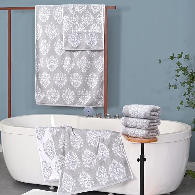 Towels for Bathroom - 100% Cotton | Soft | Quick Dry | Light Weight | Absorbent, 4 Hand 16"x27", 2 Bath 28"x52", Towel Set of 6, Grey Towels Bathroom Sets, Gray Damask Patterned Towels, Gray and White