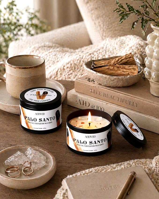 AOOVOO 2 Pack Palo Santo Candles – Cleansing Candle with Crystals & Palo Santo Wood Inside, 13oz 100 Hours Long Lasting, Non Toxic Candle for Spiritual House Energy Meditation Yoga