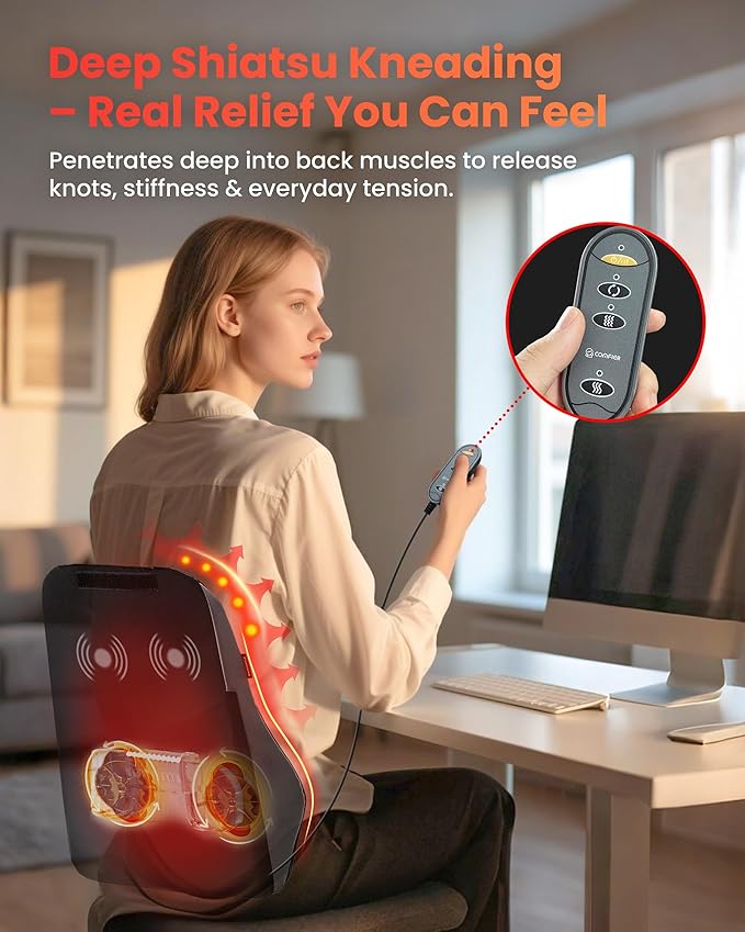 COMFIER Back Massager with Heat, Deep Tissue Shiatsu Neck and Back Massager Chair Use Massager Pillow with Adjustable Flap
