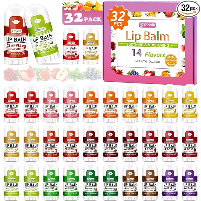 Yopela Mini Lip Balm Bulk 32 Pack, Natural Lip Balms with Vitamin E and Coconut Oil, Moisturizing and Nourishing Dry Cracked Lips,14 Flavors Chap Sticks Small Gift Party Favors for Kids Adults