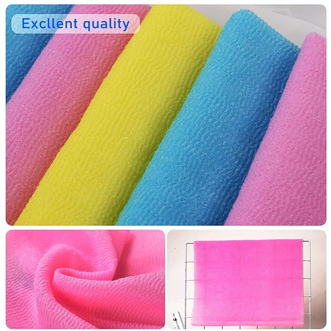 ARCH&M 3 Pack Exfoliating Towel for Body, 35-Inch Korean & Japanese Style Washcloth for Shower, Deep Clean & Smooth Skin, Nylon Back Scrubber, More Hygienic Than Loofah (Orange Purple Navy-Blue)