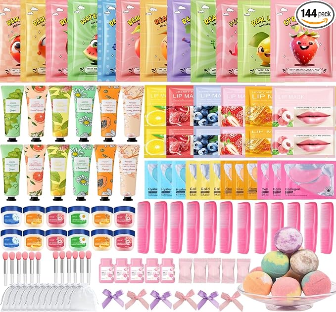 144 PCS Spa Party Supplies for Women, Spa Party Favors Include Face Masks Skincare,Hand Cream,Lip Mask,Comb and Foot Bath Bombs,Spa Birthday Sleepover Party Supplies for Women
