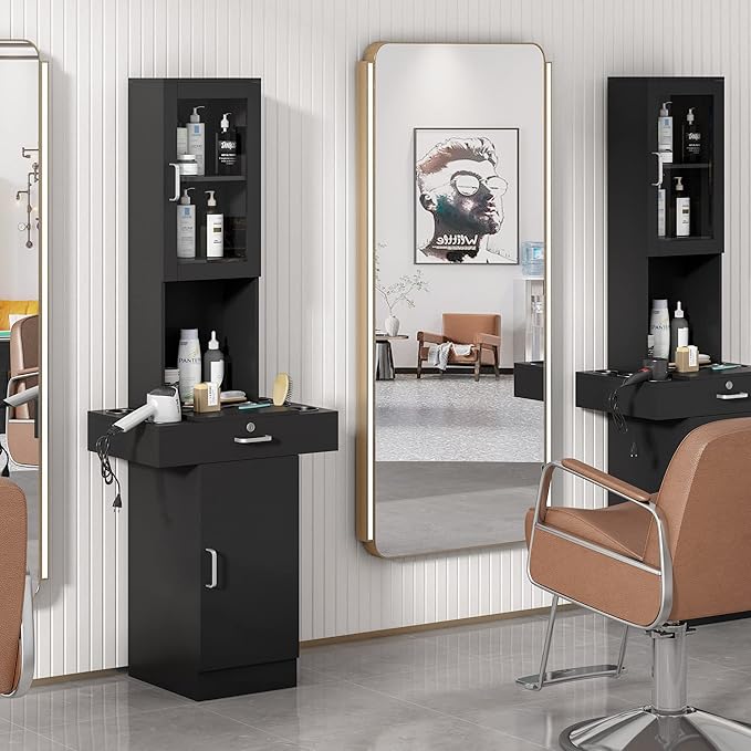 RESHABLE Salon Station for Hair Stylist,Hair Styling Organizer Equipment with Glass Door,6 Tool Dryer Holders, 2 Storage Cabinet ，Beauty Spa Barber Equipment, Black