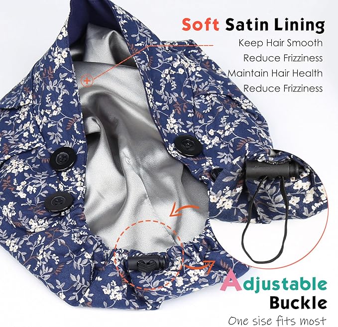 2 Pack Satin Lined Bouffant Scrub Caps with Buttons, Adjustable Scrub Caps for Women Men
