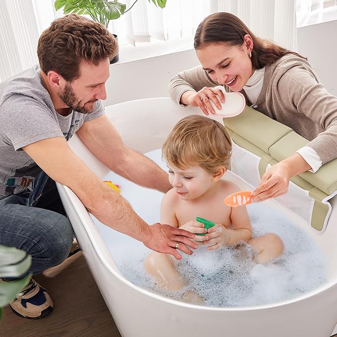 Baby Bath Kneeler and Elbow Rest Pad Set,Bath Kneeling Pad Thick Soft Quick Dry Bathtub Mat for Bathing Time,Baby Essentials Memory Foam with Toys Organizer Gifts for Parents,Khaki