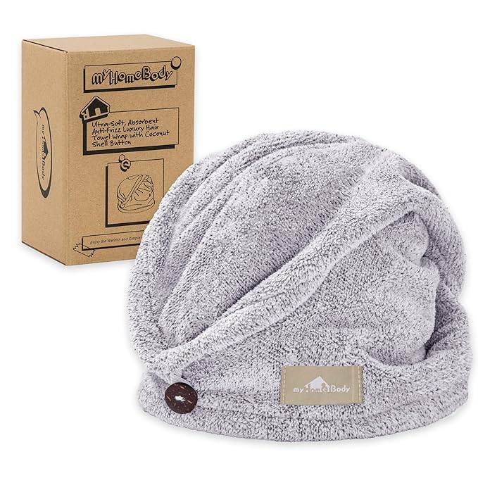 myHomeBody Hair Towel Wrap, Luxury Quick Drying Turban, Ultra Soft Absorbent Charcoal Fiber Cap, with Coconut Shell Button – Gray