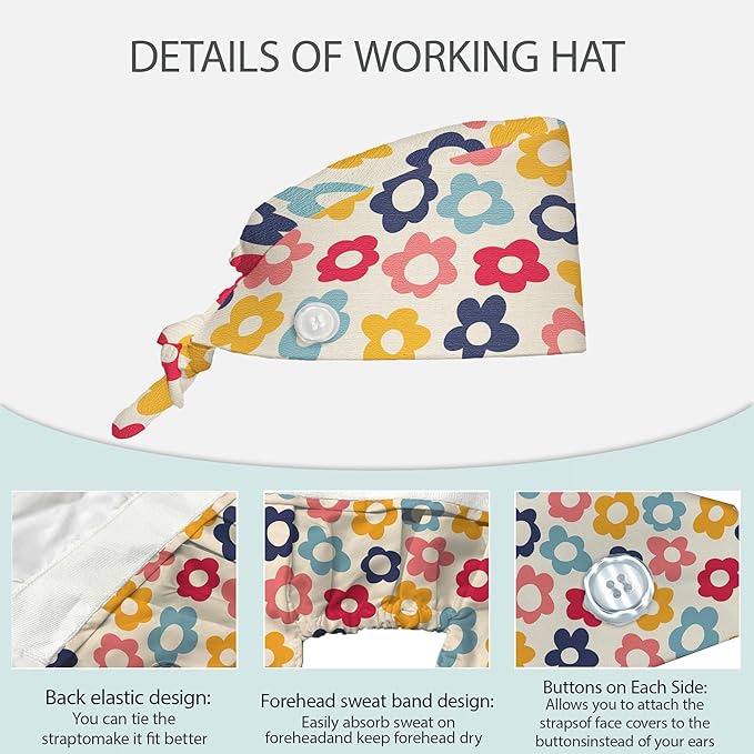 2 Pcs Working Cap with Sweatband for Women Men, Adjustable Cleaning Working Hats, Nurse Surgical Caps